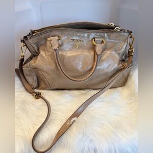 Prada Vitello Shine Double-Zip Satchel w/ Original Strap + COA (Taupe)